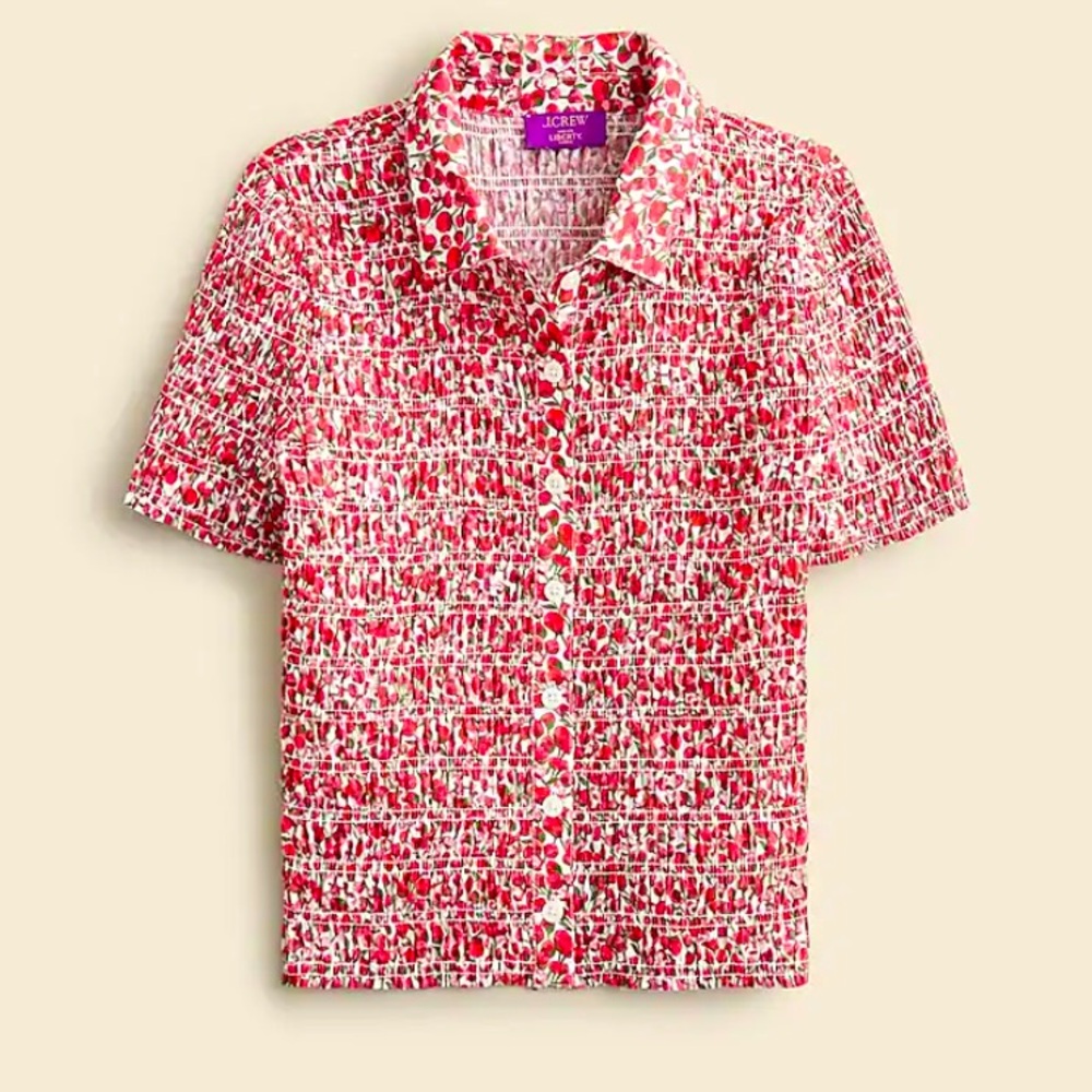 J Crew Smocked Button-up Shirt in Liberty Eliza's Red Fabric Large runs small - Picture 4 of 12